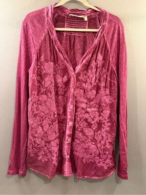 Soft surroundings large Embroidered Rose Pink Button-Front Blouse classic casual